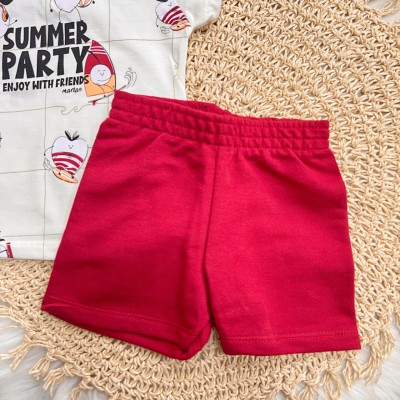 Conj. Camiseta Summer Party e Bermuda - Off White e Vermelho